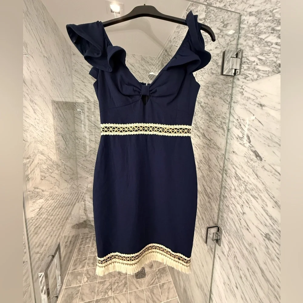PatBO NEW Navy Ruffle Mini Dress w/ Crochet Waist & Fringe Hem | Size 4 - Picture 2 of 9